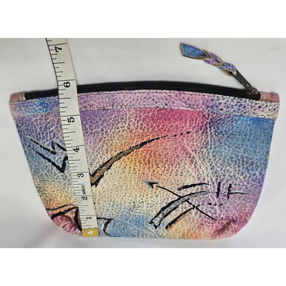 The Animal Face Hand Painted Genuine Leather Zip Case Small Clutch Coin Bag Mini - Picture 5 of 7